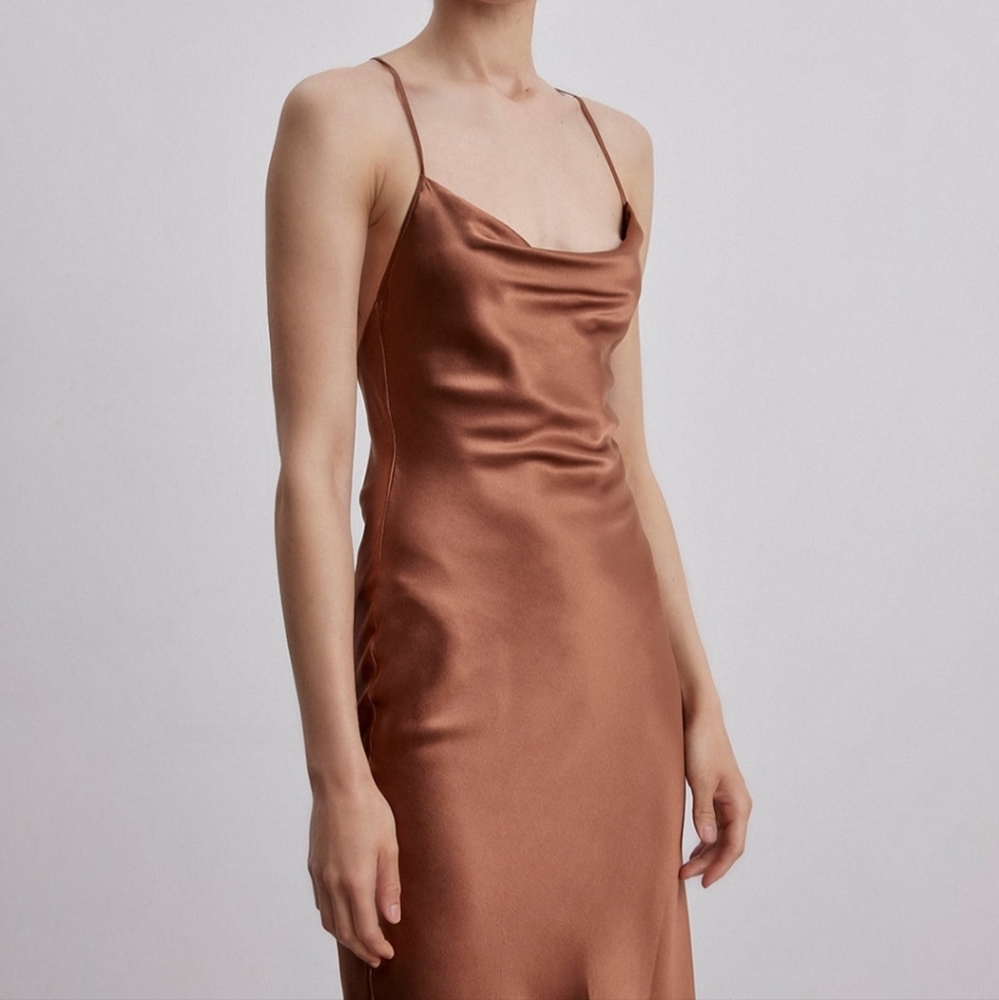 Silk Maison Lounge Cowl Neck Midi 100% Mulberry Silk Slip Dress XS Mocha Mousse - Picture 4 of 9